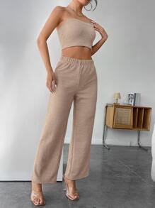 SHEIN PETITE Solid Crop Tube Top & Wide Leg Trousers - Apricot - View 4