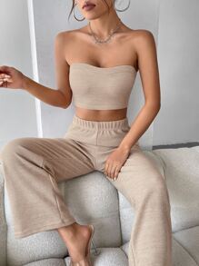 SHEIN PETITE Solid Crop Tube Top & Wide Leg Trousers - Apricot - View 5