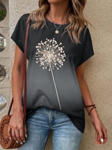 SHEIN LUNE 蒲公英印花漸變圖案蝙蝠袖T恤 - 灰色 - 查看 1