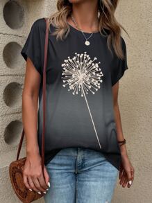 SHEIN LUNE 蒲公英印花漸變圖案蝙蝠袖T恤 - 灰色 - 查看 5