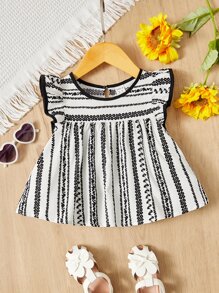 SHEIN Toddler Girls Floral & Striped Print Ruffle Trim Contrast Binding Smock Top - Black and White - View 1