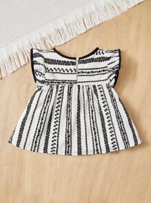 SHEIN Toddler Girls Floral & Striped Print Ruffle Trim Contrast Binding Smock Top - Black and White - View 2