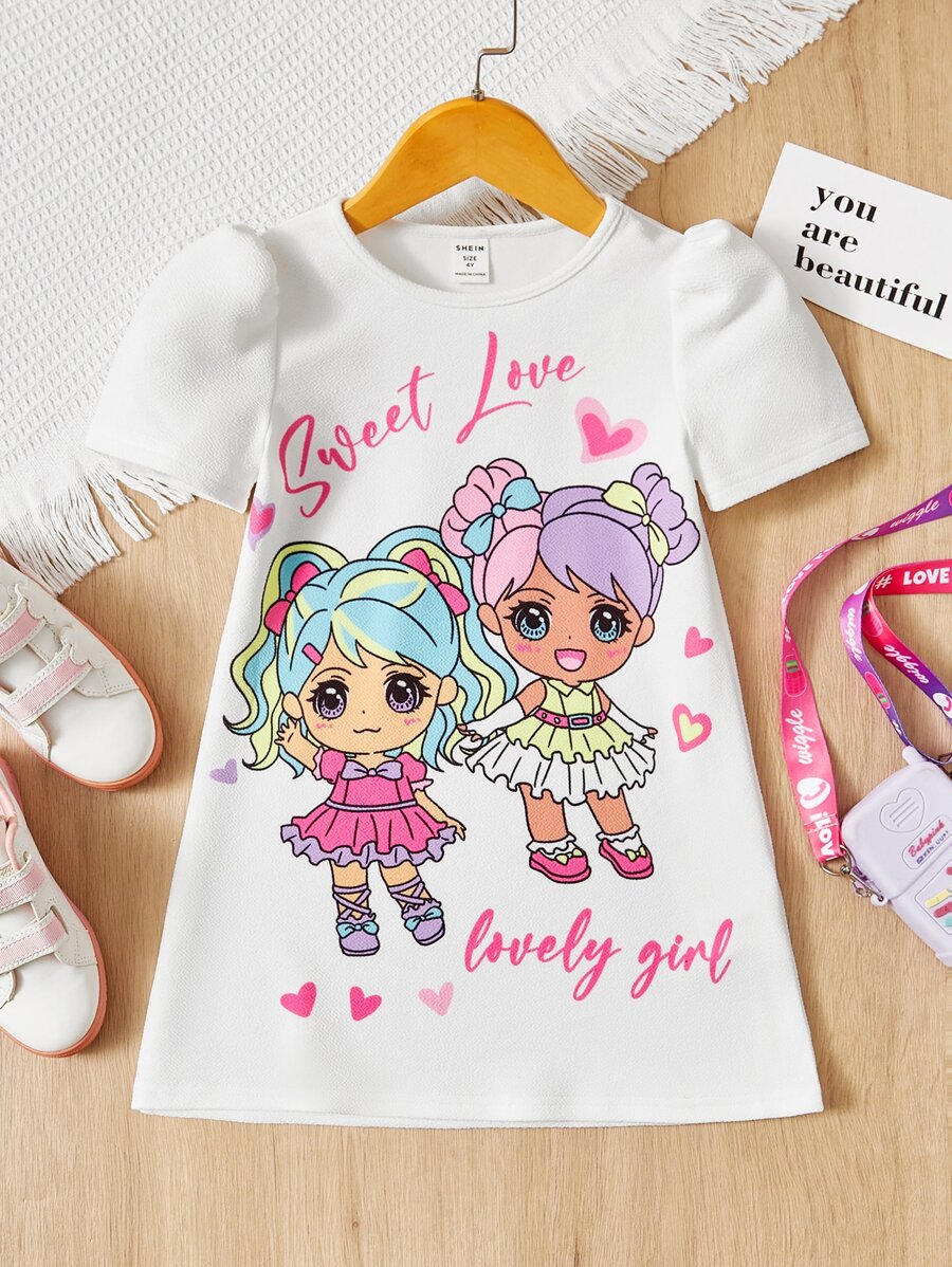 SHEIN 年輕女孩字母和圖形圖案泡泡袖t恤式裙