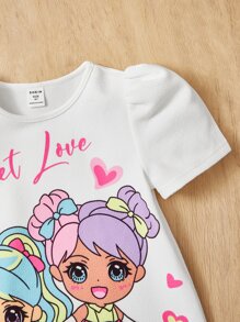 SHEIN 年輕女孩字母和圖形圖案泡泡袖t恤式裙