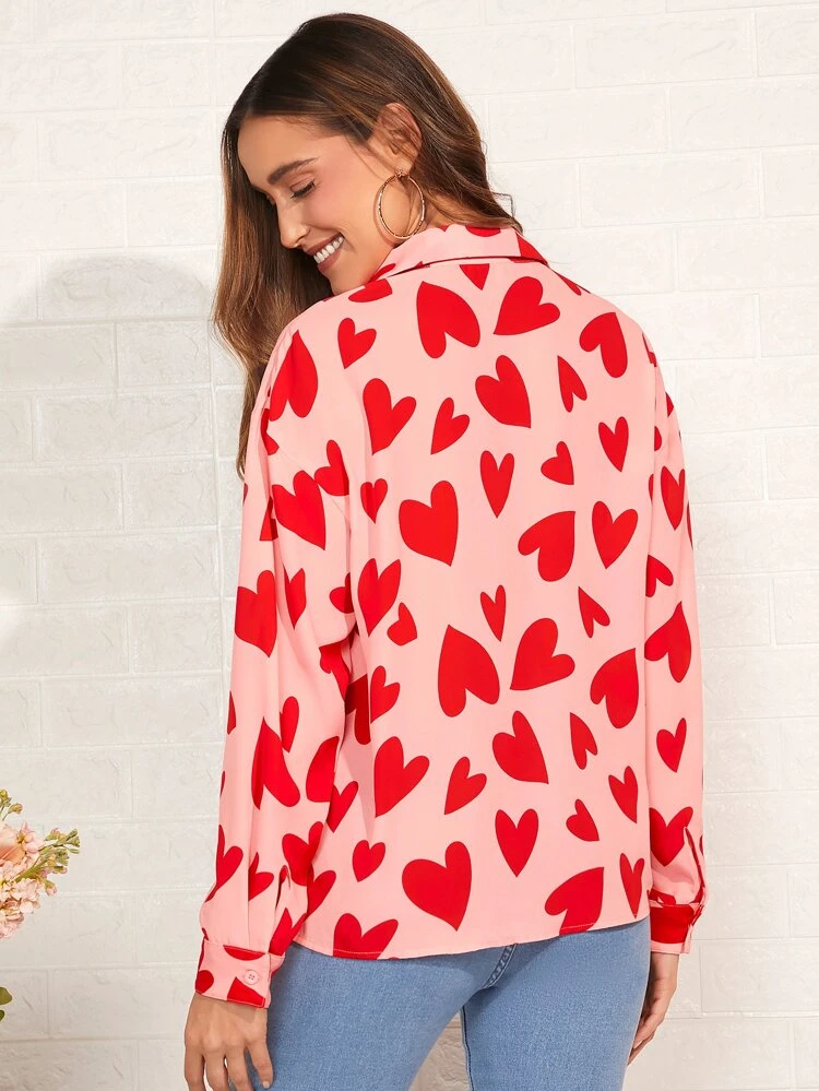 Heart Print Drop Shoulder Shirt Pink Top