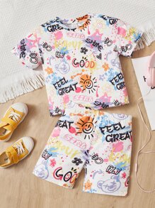 SHEIN 少女漫畫圖案及字母圖案短袖t恤和短褲 - 彩色 - 查看 1