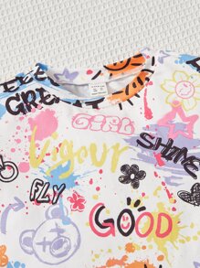 SHEIN 少女漫畫圖案及字母圖案短袖t恤和短褲 - 彩色 - 查看 3