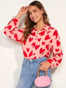 Amorya 心形印花下垂肩上衣粉色上衣 - 珊瑚粉 - 查看 5