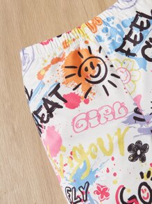 SHEIN 少女漫畫圖案及字母圖案短袖t恤和短褲 - 彩色 - 查看 4