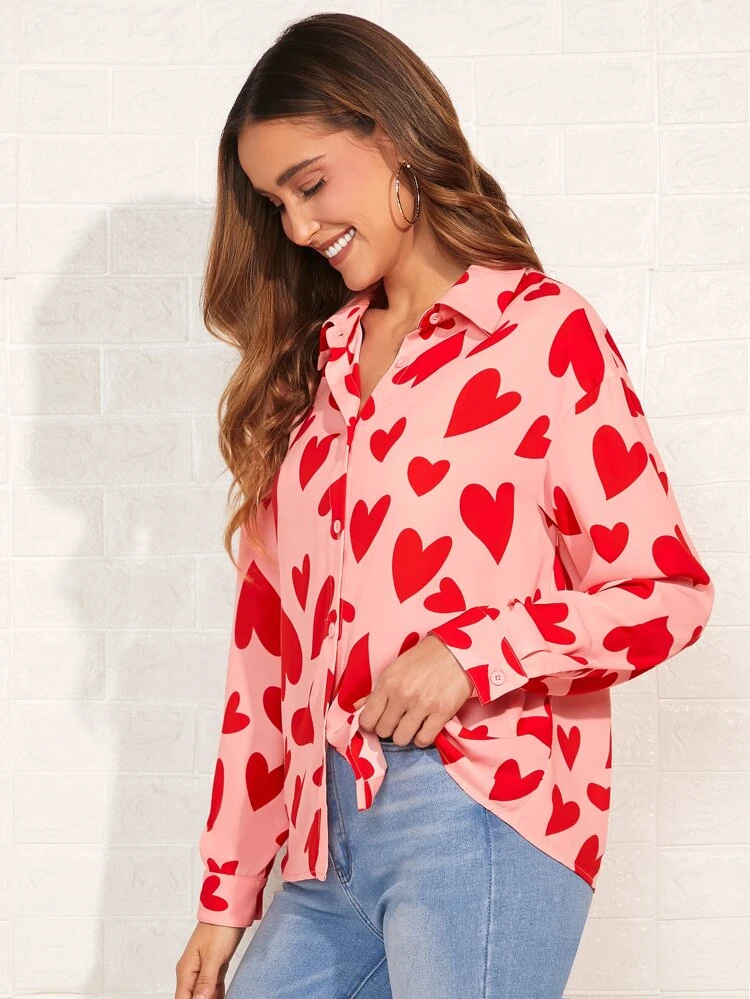 Heart Print Drop Shoulder Shirt Pink Top