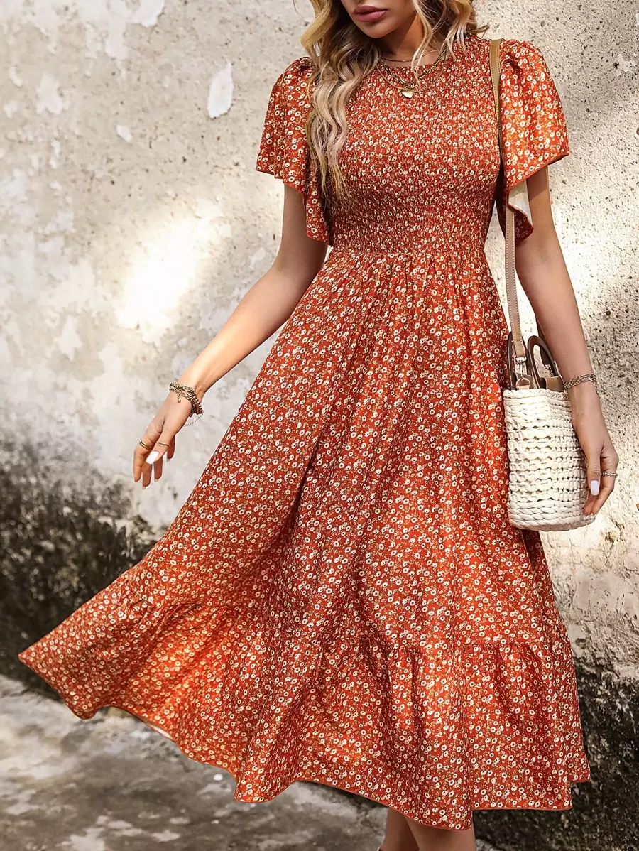 SHEIN LUNE Vestido con estampado floral de manga mariposa bajo con fruncido - Naranja - Ver 1