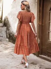 SHEIN LUNE Vestido con estampado floral de manga mariposa bajo con fruncido - Naranja - Ver 2