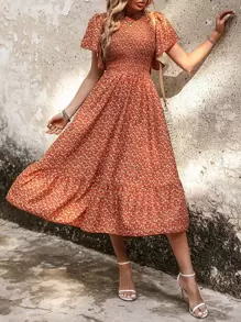 SHEIN LUNE Vestido con estampado floral de manga mariposa bajo con fruncido - Naranja - Ver 4