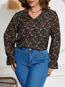 SHEIN Franclia Blusa con estampado floral de manga con volante - Negro - Ver 1