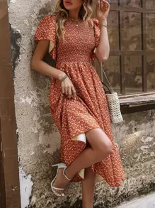 SHEIN LUNE Vestido con estampado floral de manga mariposa bajo con fruncido - Naranja - Ver 5