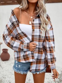 SHEIN LUNE Plaid Print Drop Shoulder Shacket - Multicolor - View 6
