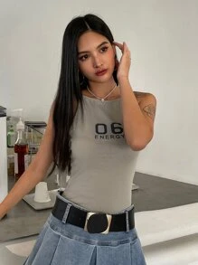 DAZY 字母圖案吊帶上衣 - 淺灰色 - 查看 3