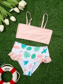 Young Girl Flamingo Print Ruffle Trim Bikini Set Summer Beach - Multicolor - View 1