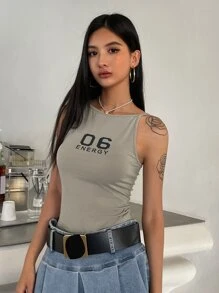 DAZY 字母圖案吊帶上衣 - 淺灰色 - 查看 5