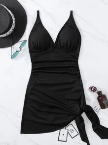 Solid Ruched Knot Side Tankini Summer Beach - Black - View 3