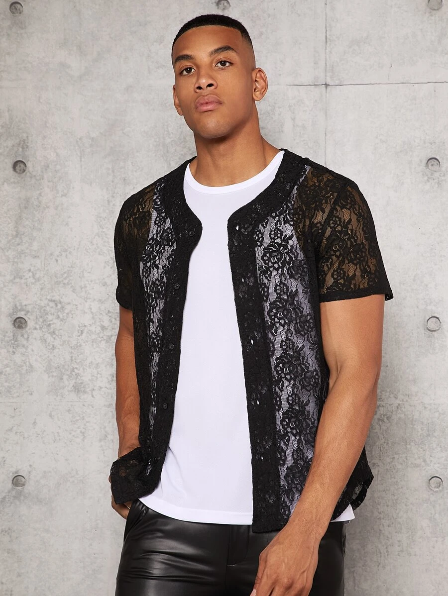 Manfinity RebelGame Loose Men Button Front Short Sleeve Lace Shirt - Black - View 1