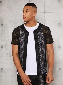 Manfinity RebelGame Loose Men Button Front Short Sleeve Lace Shirt - Black - View 2