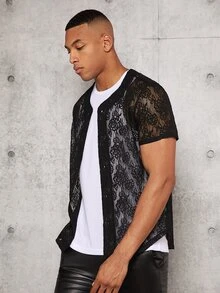 Manfinity RebelGame Loose Men Button Front Short Sleeve Lace Shirt - Black - View 3