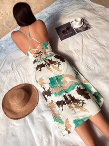 SHEIN VCAY Vestido de tirantes con estampado de dibujo fruncido de espalda abierta con cordón bajo cruzado - Albaricoque - Ver 2