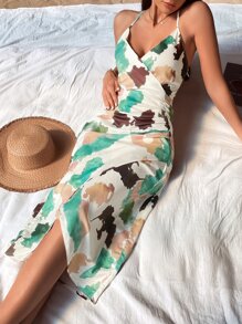 SHEIN VCAY Vestido de tirantes con estampado de dibujo fruncido de espalda abierta con cordón bajo cruzado - Albaricoque - Ver 3