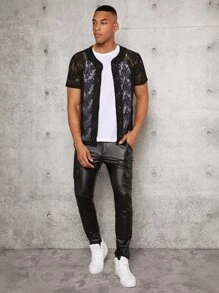 Manfinity RebelGame Loose Men Button Front Short Sleeve Lace Shirt - Black - View 5