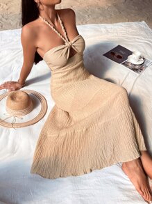 GENKIRA Vestido halter con abertura de espalda abierta bajo a capas - Caqui - Ver 5