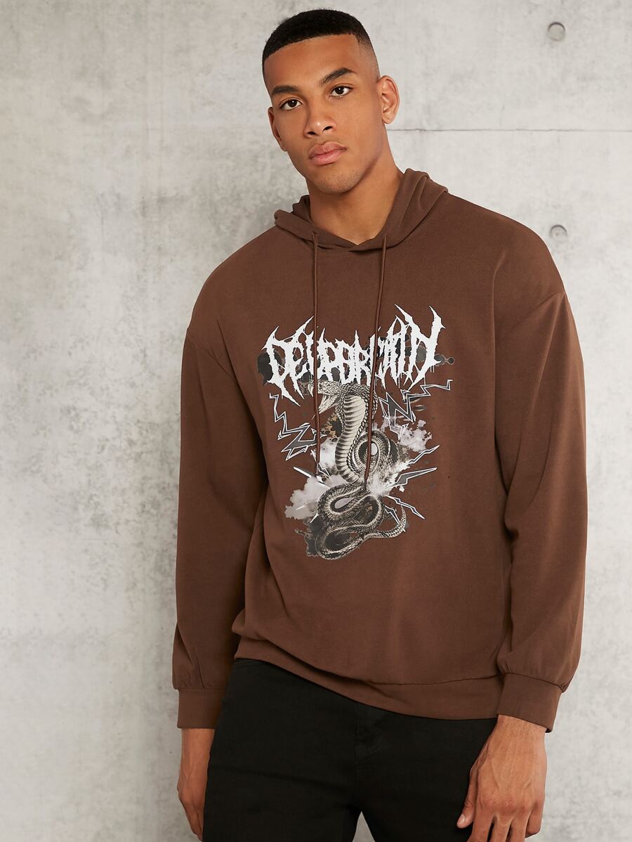 Manfinity Men Letter & Animal Print Drop Shoulder Drawstring Hoodie - Brown - View 1