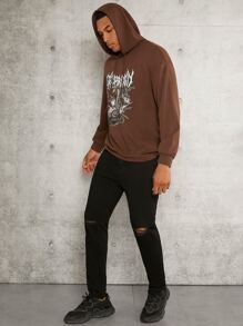 Manfinity Men Letter & Animal Print Drop Shoulder Drawstring Hoodie - Brown - View 2