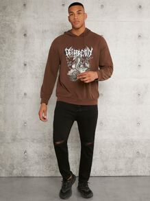 Manfinity Men Letter & Animal Print Drop Shoulder Drawstring Hoodie - Brown - View 3