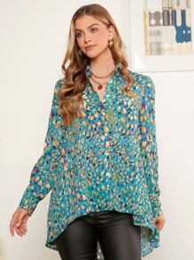 SHEIN Clasi 滿版印花高低下擺襯衫 - 彩色 - 查看 5