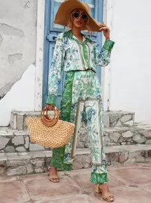 SHEIN VCAY Scarf Print Button Front Shirt & Wide Leg Trousers - Green - View 1