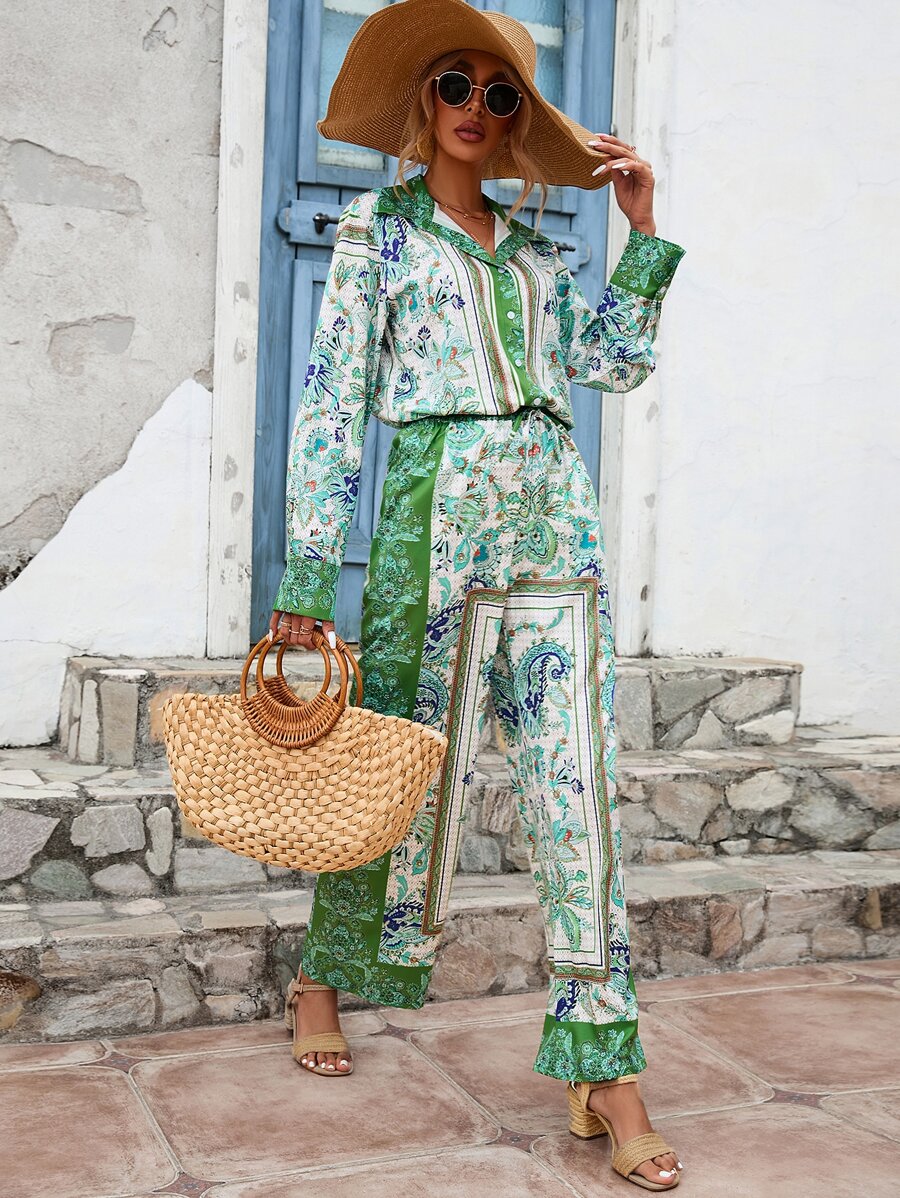 SHEIN VCAY Scarf Print Button Front Shirt & Wide Leg Trousers - Green - View 1