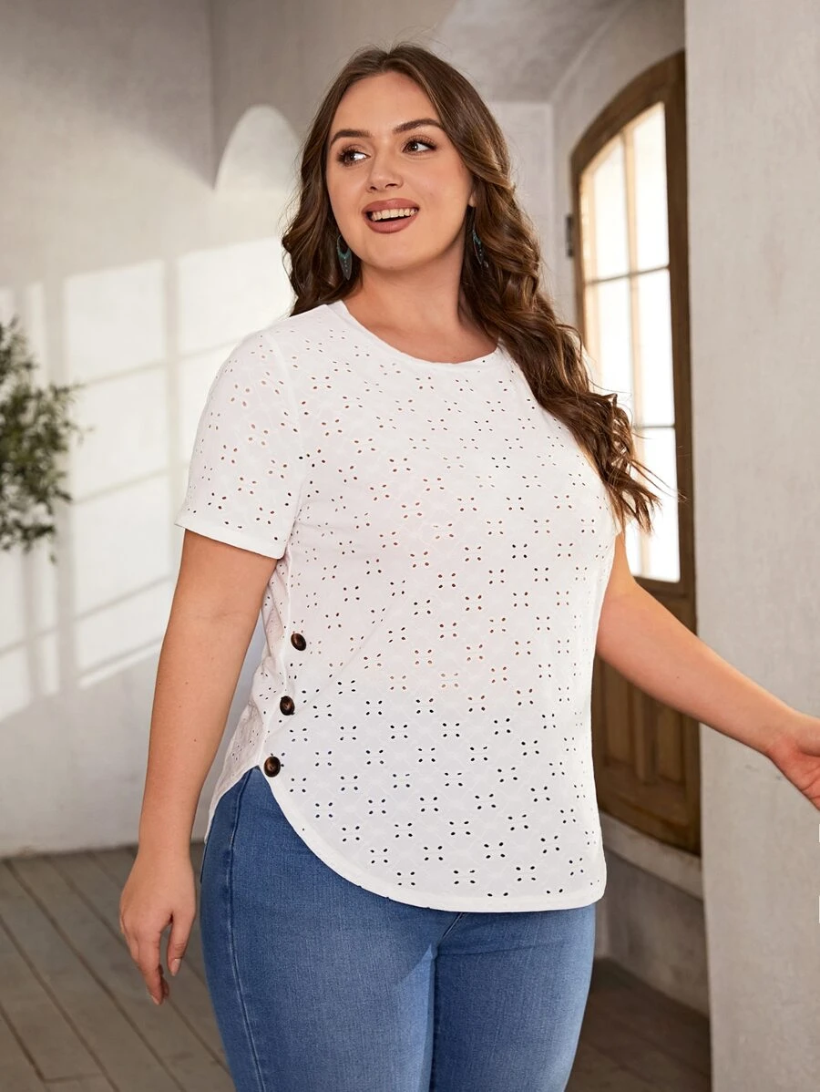 SHEIN LUNE Áo thun Plus size Bất đối xứng Nút Tranh thêu màu trơn Giải trí - trắng - Xem 1