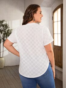 SHEIN LUNE Áo thun Plus size Bất đối xứng Nút Tranh thêu màu trơn Giải trí - trắng - Xem 2