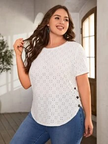 SHEIN LUNE Áo thun Plus size Bất đối xứng Nút Tranh thêu màu trơn Giải trí - trắng - Xem 3