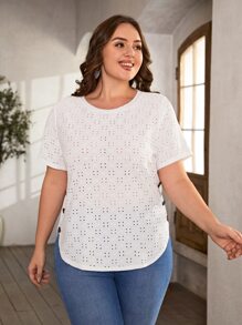 SHEIN LUNE Áo thun Plus size Bất đối xứng Nút Tranh thêu màu trơn Giải trí - trắng - Xem 4