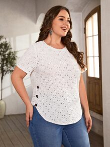 SHEIN LUNE Áo thun Plus size Bất đối xứng Nút Tranh thêu màu trơn Giải trí - trắng - Xem 5