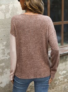 SHEIN LUNE Two Tone Guipure Lace Panel Drop Shoulder Tee - Brown - View 2