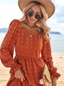 SHEIN VCAY Swiss Dot Ruffle Hem A-line Dress - Brown - View 5