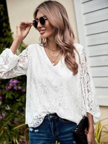 SHEIN Clasi V領燈籠袖蕾絲襯衫