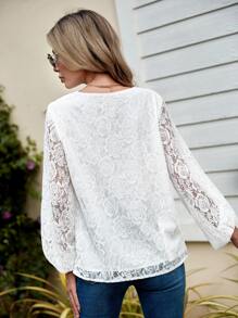 SHEIN Clasi V領燈籠袖蕾絲襯衫