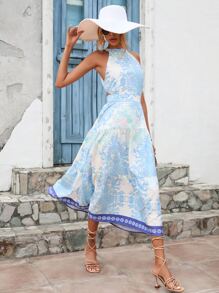 SHEIN VCAY Floral Print Tie Backless Ruffle Hem Halter Dress - Blue and White - View 5