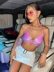 SHEIN ICON 心環細節後背繫帶短款PU皮革掛脖上衣 - 粉色 - 查看 1