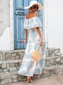 SHEIN VCAY Paisley Print Off Shoulder Layered Hem Dress - Multicolor - View 2