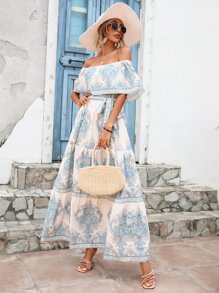 SHEIN VCAY Paisley Print Off Shoulder Layered Hem Dress - Multicolor - View 3